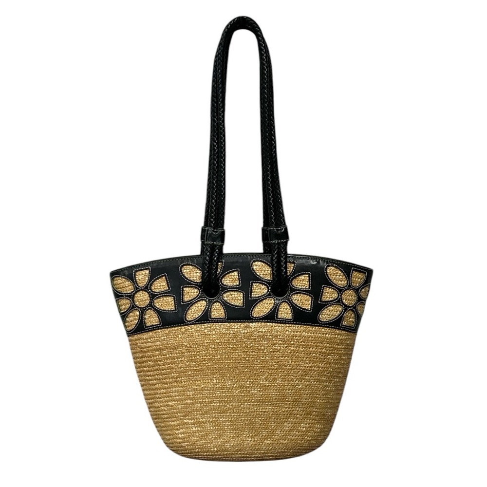 Cole Haan Straw Tote Floral Cut Outs Black Leather Braided Straps Shoulder Bag